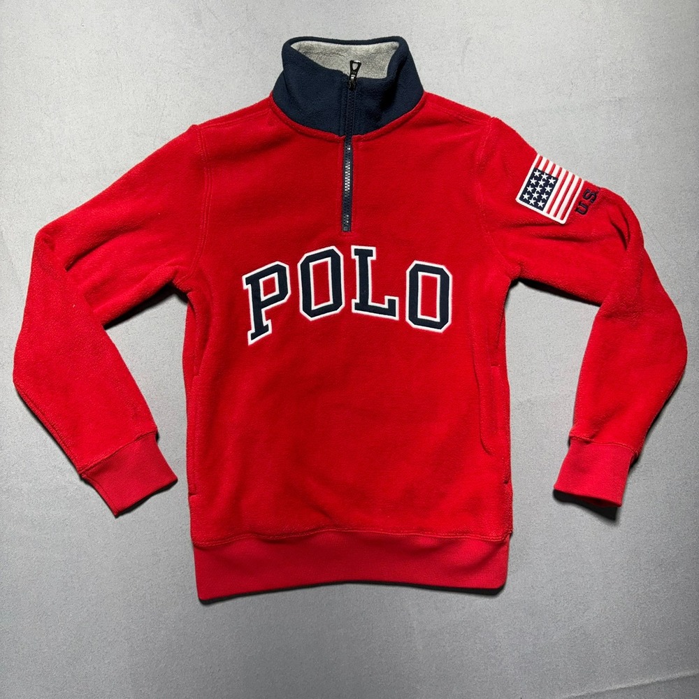 Polo Ralph Lauren Boys Red Fleece Quarter Zip USA Flag Patch Medium 10-12
